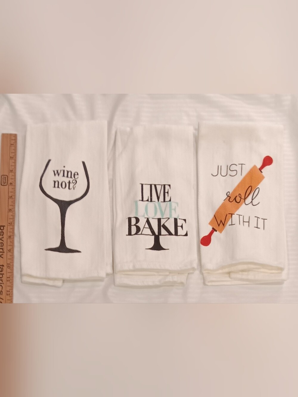 Set Of 3 Live Love Bake, Just Roll With It, Wine Not. White Kitchen Tea Towel